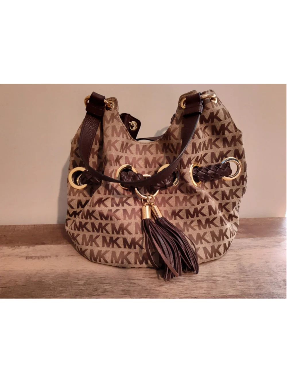 Michael Kors Signature Print Brown Leather with Tassels Handbag
